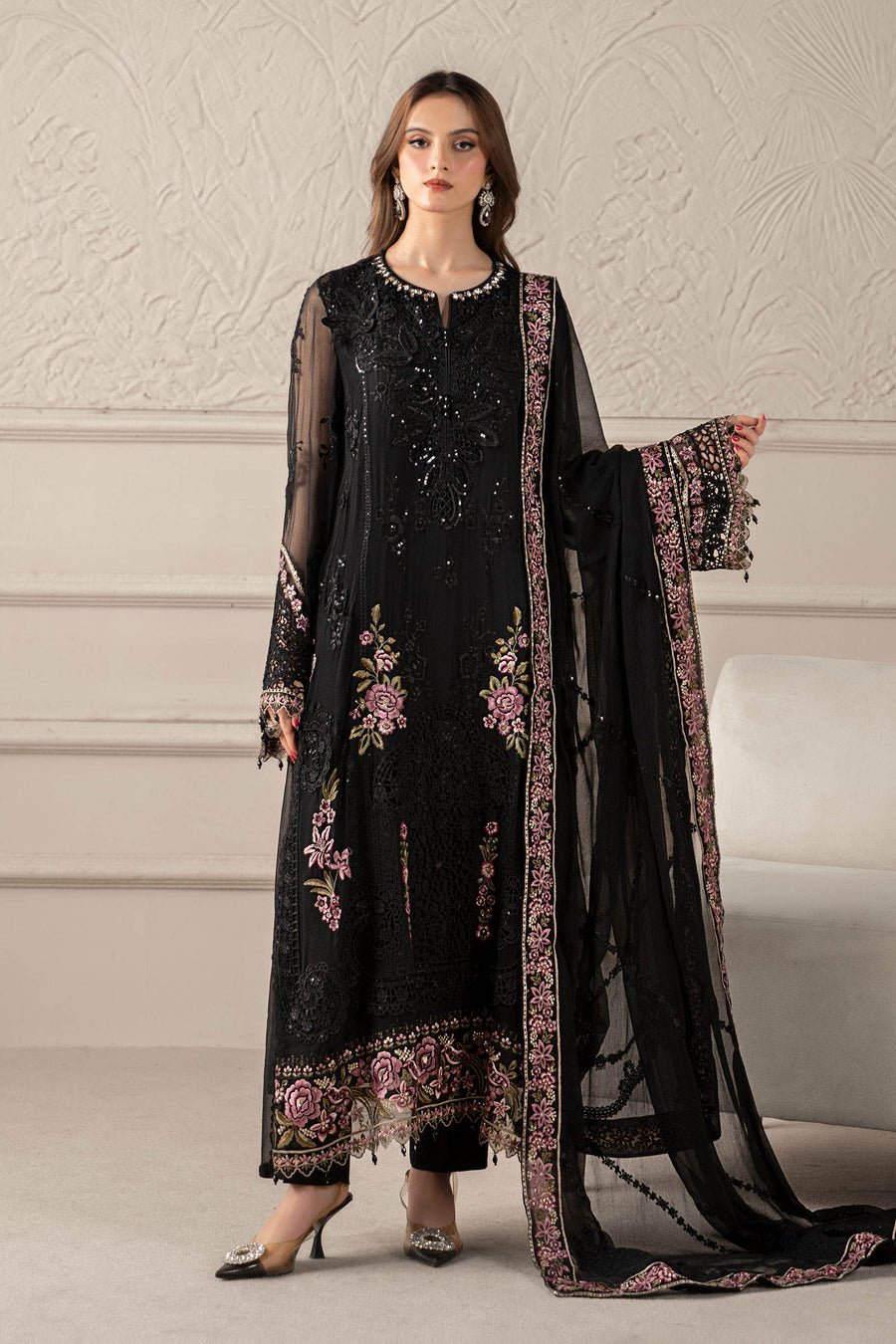 Elegant Luxury Work Unstitched Wedding Partywear Black Dress Nikha Walima Engagement Mehndi Mayon Dress