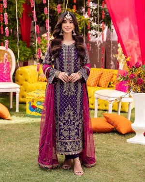 Elegant Luxury Work Unstitched Wedding Partywear Dark purple Dress Nikha Walima Engagement Mehndi Mayon Dress