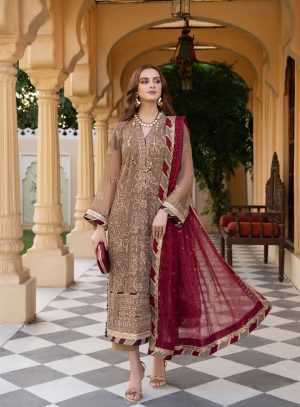Elegant Luxury Work Unstitched Wedding Partywear brown Dress Nikha Walima Engagement Mehndi Mayon Dress