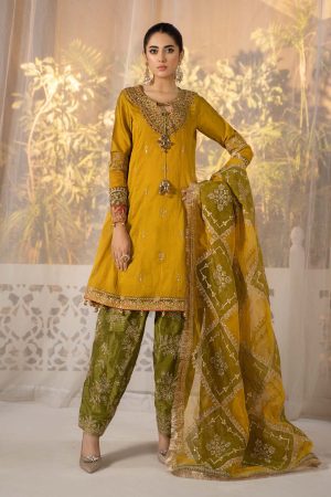 Elegant Luxury Work Unstitched Wedding Partywear Mustard Yellow Dress Nikha Walima Engagement Mehndi Mayon Dress