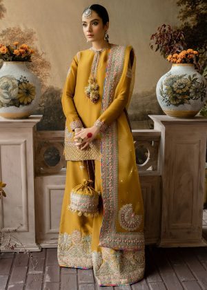 Elegant Luxury Work Unstitched Wedding Partywear Mustard Dress Nikha Walima Engagement Mehndi Mayon Dress