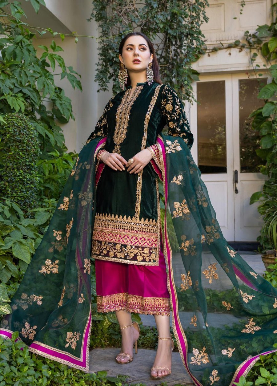 Velvet Elegant Luxury Work Unstitched Wedding Partywear Winter Kai Green Dress Nikha Walima Engagement Mehndi Mayon Dress