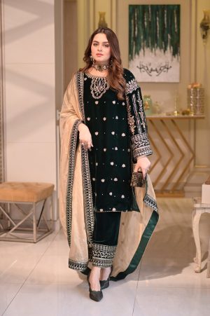 Velvet Elegant Luxury Work Unstitched Wedding Partywear  Winter Kai Green Dress Nikha Walima Engagement Mehndi Mayon Dress