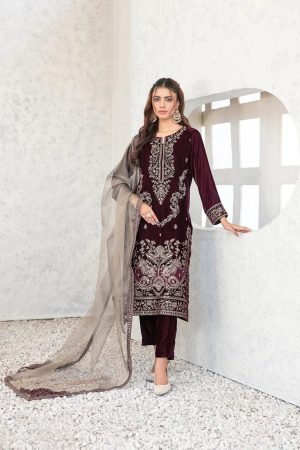 Velvet Elegant Luxury Work Unstitched Wedding Partywear  Winter Maroon Dress Nikha Walima Engagement Mehndi Mayon Dress