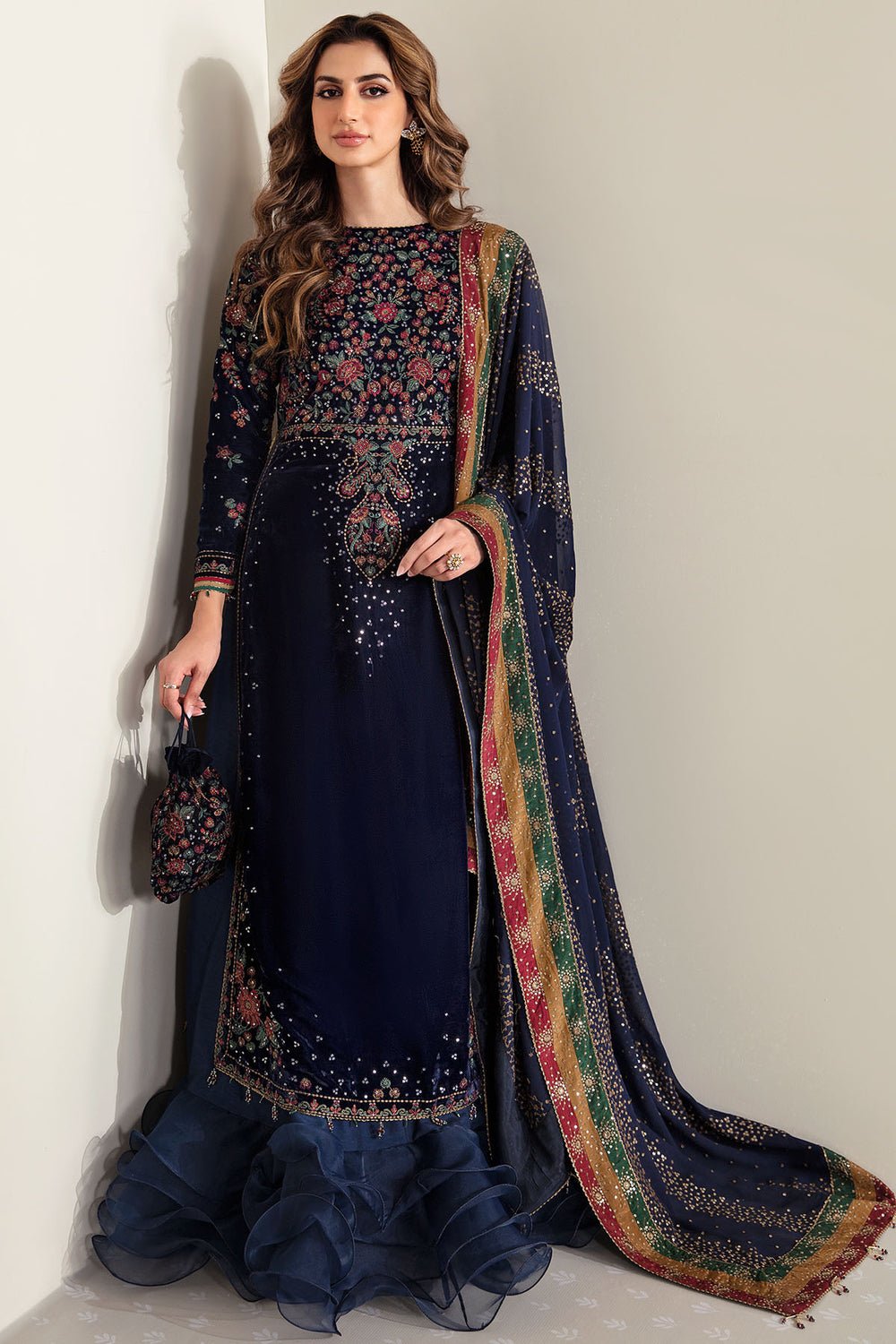 Velvet Elegant Luxury Work Unstitched Wedding Partywear Winter Navy Blue Dress Nikha Walima Engagement Mehndi Mayon Dress