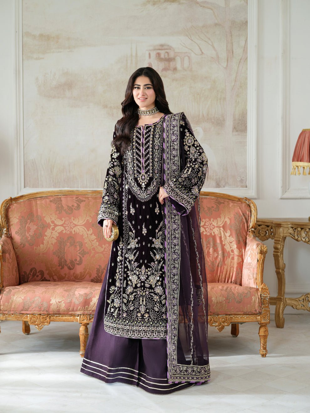 Velvet Elegant Luxury Work Unstitched Wedding Partywear Winter Dark Purple Dress Nikha Walima Engagement Mehndi Mayon Dress