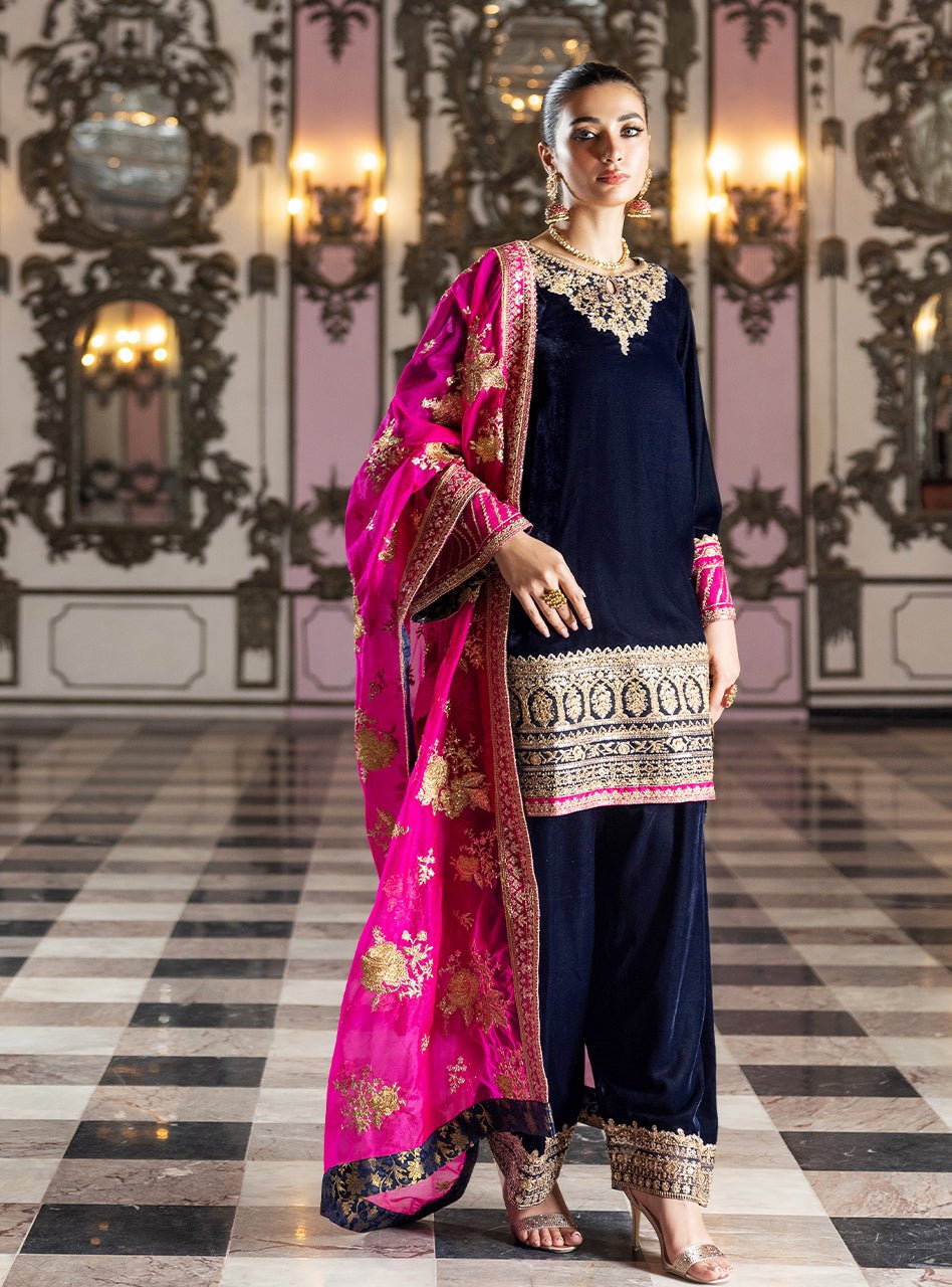 Velvet Elegant Luxury Work Unstitched Wedding Partywear Winter Navy Blue Dress Nikha Walima Engagement Mehndi Mayon Dress