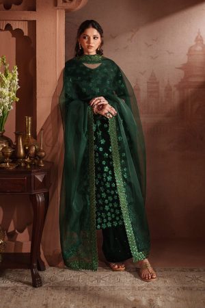 Velvet Elegant Luxury Work Unstitched Wedding Partywear  Winter Green Dress Nikha Walima Engagement Mehndi Mayon Dress