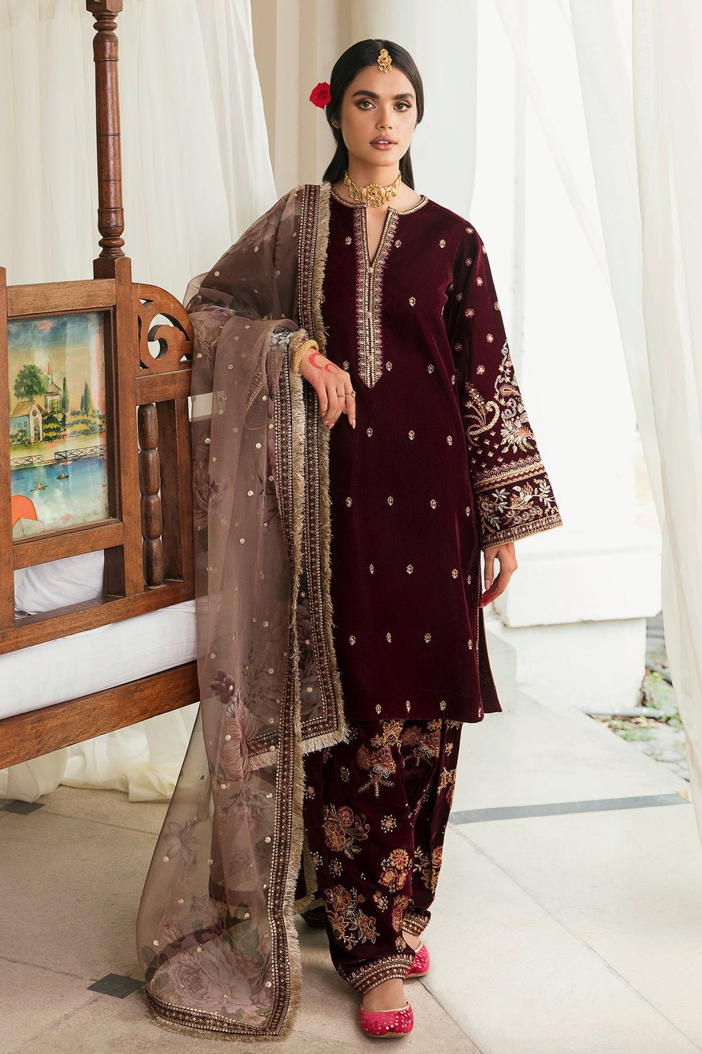 Velvet Elegant Luxury Work Unstitched Wedding Partywear Winter Maroon Dress Nikha Walima Engagement Mehndi Mayon Dress