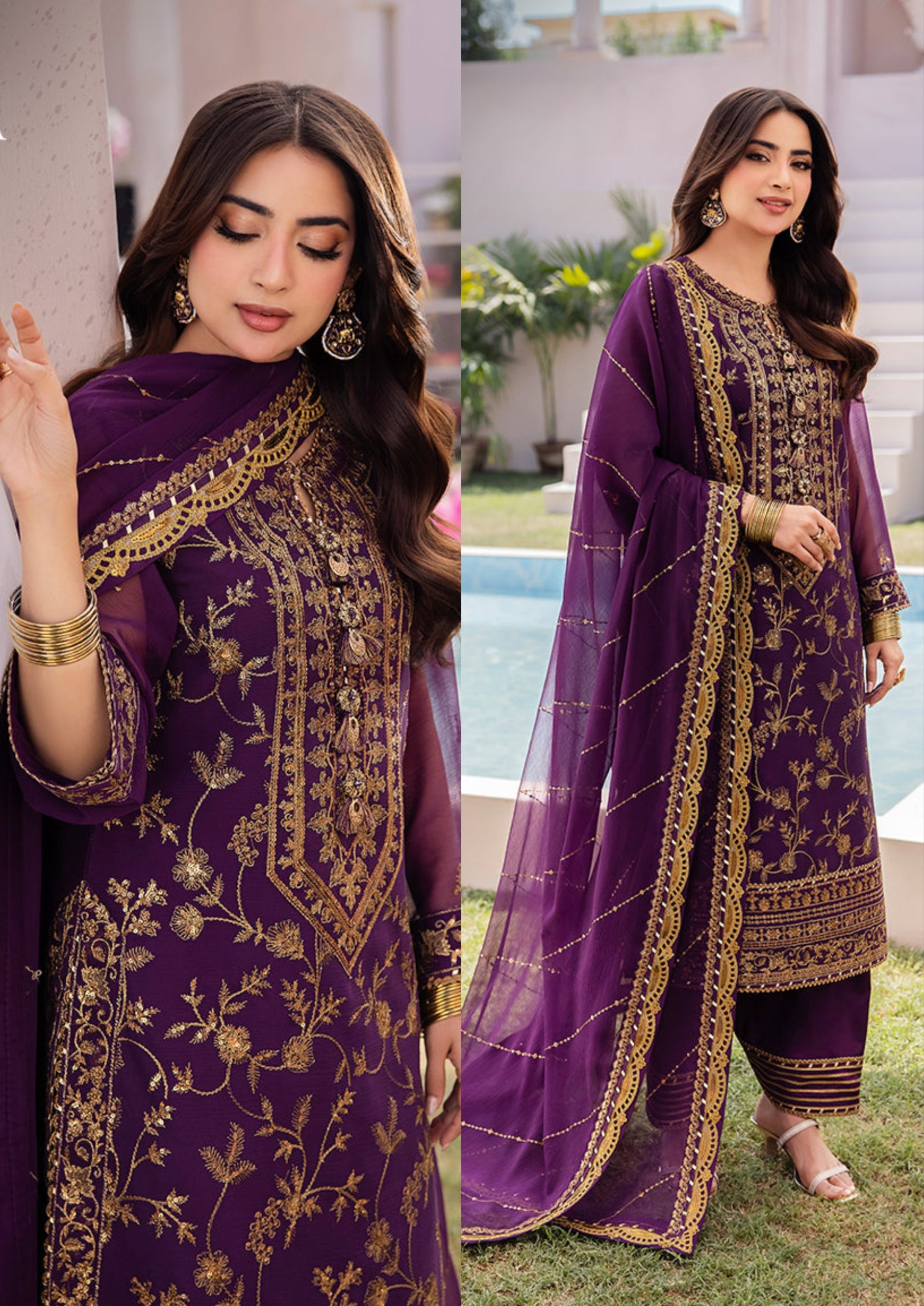 Elegant Luxury Work Unstitched Wedding Partywear Purple Dress Nikha Walima Engagement Mehndi Mayon Dress
