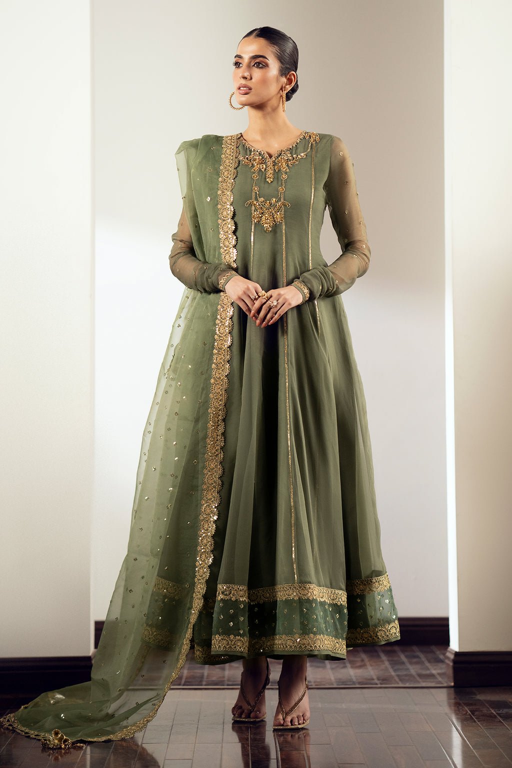 Elegant Luxury Work Unstitched Wedding Partywear Green Frock Dress Nikha Walima Engagement Mehndi Mayon Dress