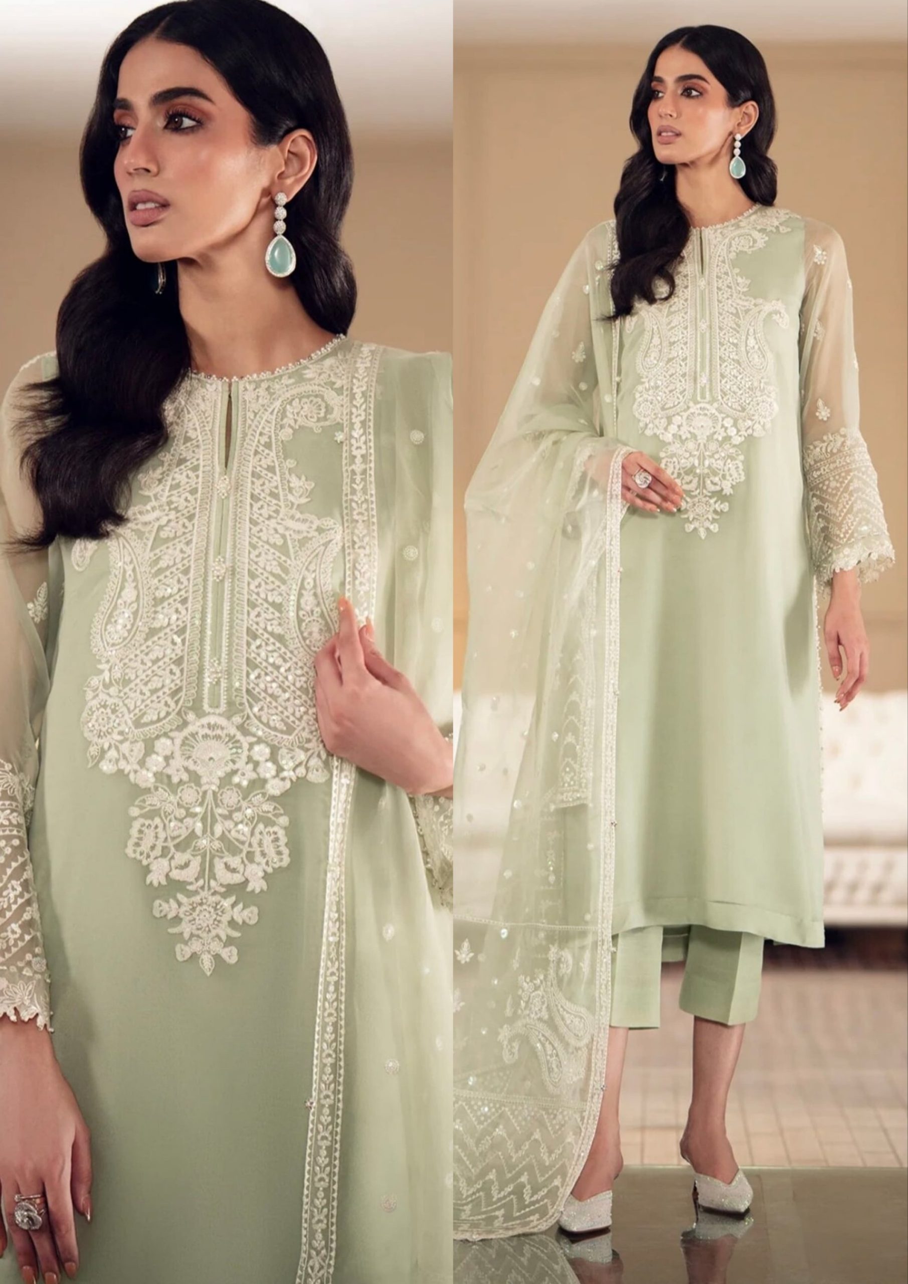 Elegant Luxury Work Unstitched Wedding Partywear Mint Green Dress Nikha Walima Engagement Mehndi Mayon Dress