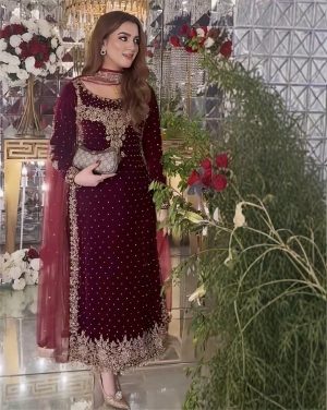Velvet Elegant Luxury Work Unstitched Wedding Partywear  Winter Maroon Dress Nikha Walima Engagement Mehndi Mayon Dress