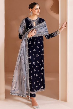 Velvet Elegant Luxury Work Unstitched Wedding Partywear  Winter Navy Blue Dress Nikha Walima Engagement Mehndi Mayon Dress