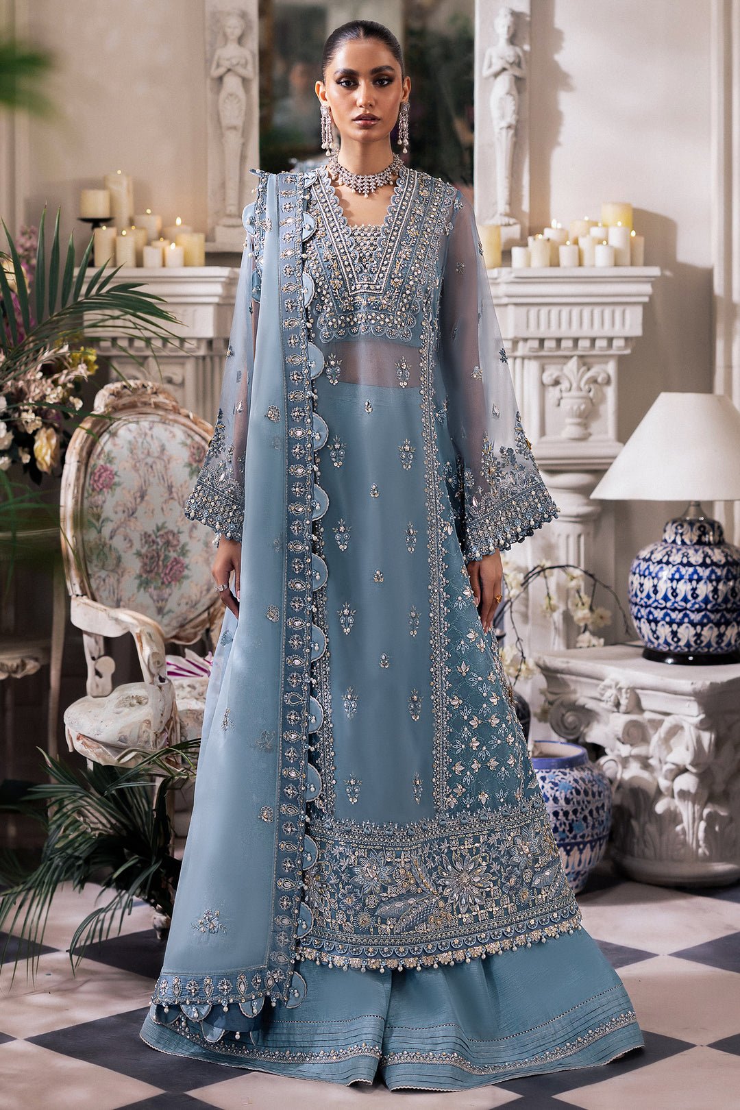 Elegant Luxury Work Unstitched Wedding Partywear Sky blue Dress Nikha Walima Engagement Mehndi Mayon Dress