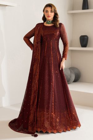 Elegant Luxury Work Unstitched Wedding Partywear Maroon Frock Dress Nikha Walima Engagement Mehndi Mayon Dress