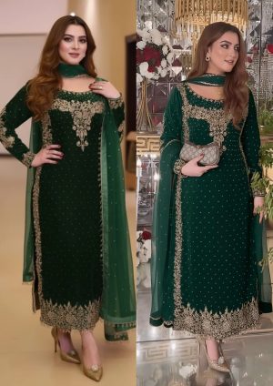 Velvet Elegant Luxury Work Unstitched Wedding Partywear  Winter Bottle Green Dress Nikha Walima Engagement Mehndi Mayon Dress
