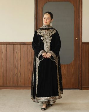 Velvet Elegant Luxury Work Unstitched Wedding Partywear  Winter Black Dress Nikha Walima Engagement Mehndi Mayon Dress