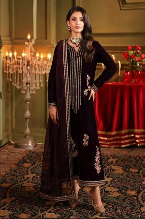 Velvet Elegant Luxury Work Unstitched Wedding Partywear  Winter Maroon Dress Nikha Walima Engagement Mehndi Mayon Dress