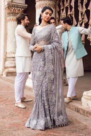 Elegant Luxury Work Unstitched Wedding Partywear Saree Dress Nikha Walima Engagement Mehndi Mayon Dress