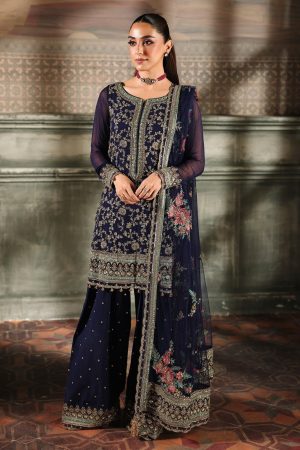 Elegant Luxury Work Unstitched Wedding Partywear Navy Blue Dress Nikha Walima Engagement Mehndi Mayon Dress