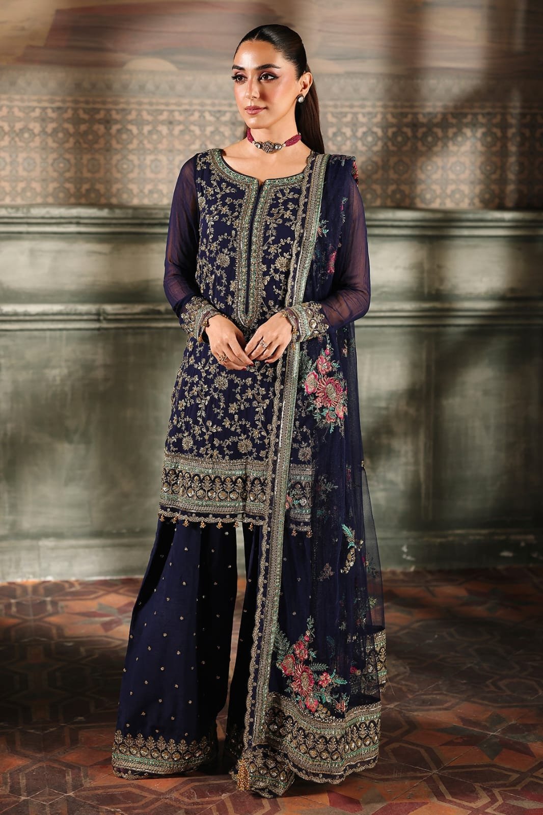 Elegant Luxury Work Unstitched Wedding Partywear Navy Blue Dress Nikha Walima Engagement Mehndi Mayon Dress