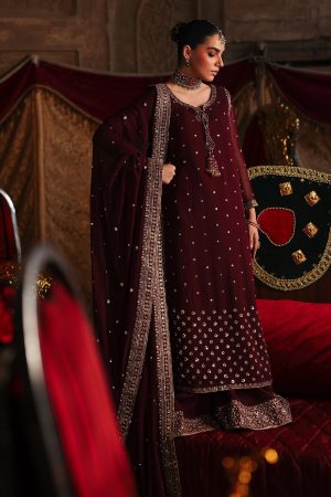 Elegant Luxury Work Unstitched Wedding Partywear Maroon Dress Nikha Walima Engagement Mehndi Mayon Dress