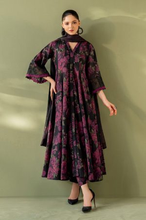 Elegant Summer Printed Embroidery Black Lawn Dress
