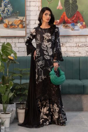 Elegant Summer Printed Embroidery Black Lawn Dress