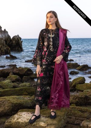 Elegant Summer Printed Embroidery Black Lawn Dress