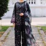 Elegant Summer Printed Embroidery  Black Lawn Dress