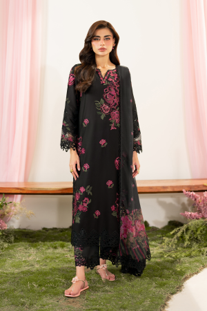 Elegant Summer Printed Embroidery Black Lawn Dress