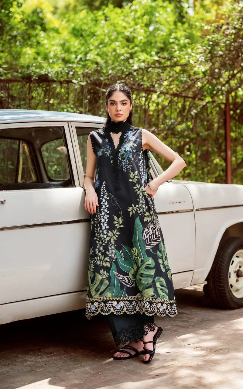 Elegant Summer Printed Embroidery Black Lawn Dress