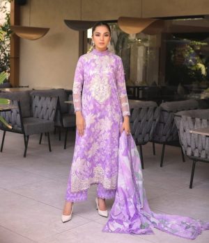 Elegant Summer Printed Embroidery purple Lawn Dress