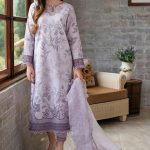 Elegant Summer Printed Embroidery purple Lawn Dress