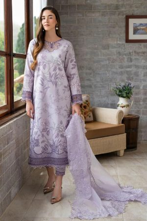 Elegant Summer Printed Embroidery purple Lawn Dress