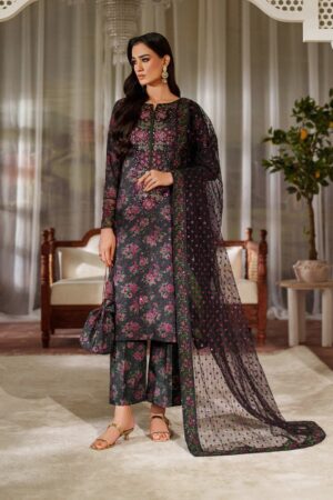 Elegant Summer Printed Embroidery  Unstitched Lawn Black Dress
