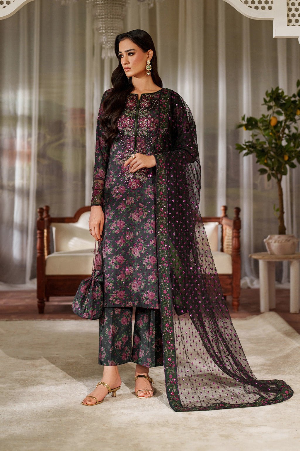 Elegant Summer Printed Embroidery Unstitched Lawn Black Dress