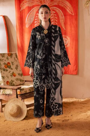 Elegant Summer Printed Embroidery  Unstitched Lawn Black Dress