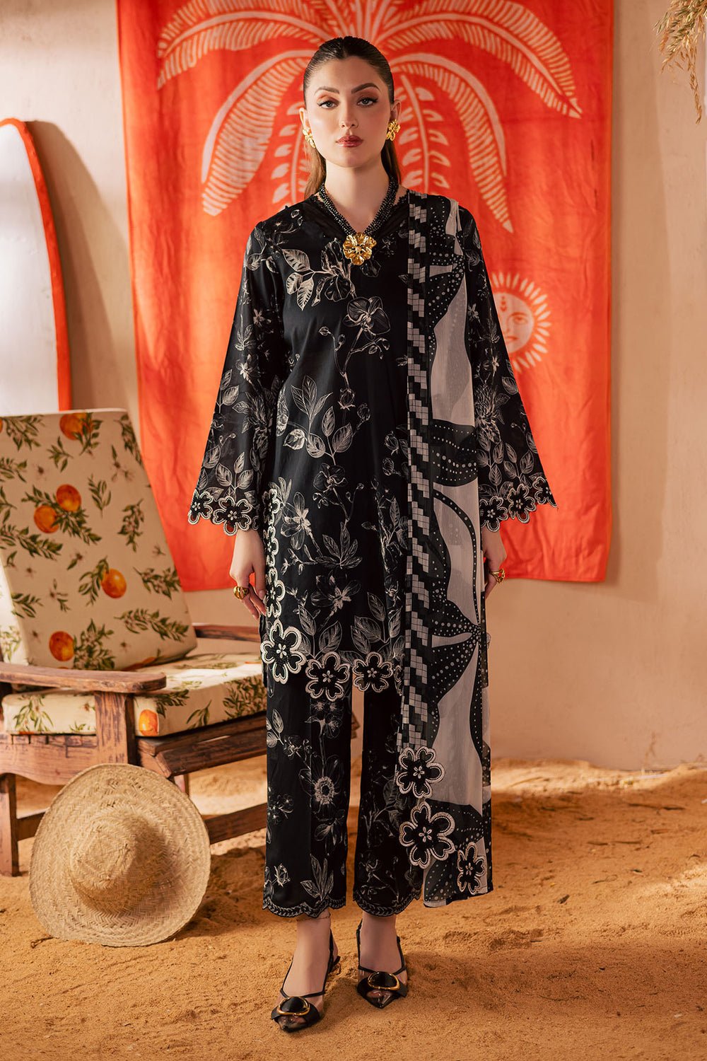 Elegant Summer Printed Embroidery Unstitched Lawn Black Dress