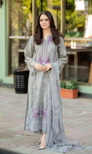 Elegant Summer Luxury Embroidery Unstitched Gray Lawn Dress