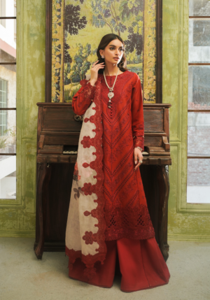Elegant Summer Luxury Embroidery Unstitched Red Maroon Lawn Dress