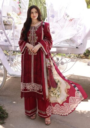 Elegant Summer Luxury Embroidery Unstitched Maroon Dress