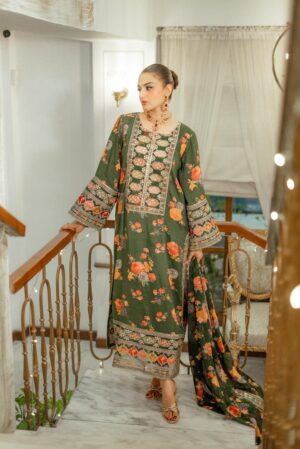 Elegant Summer Printed Embroidery  Unstitched Lawn Green Dress