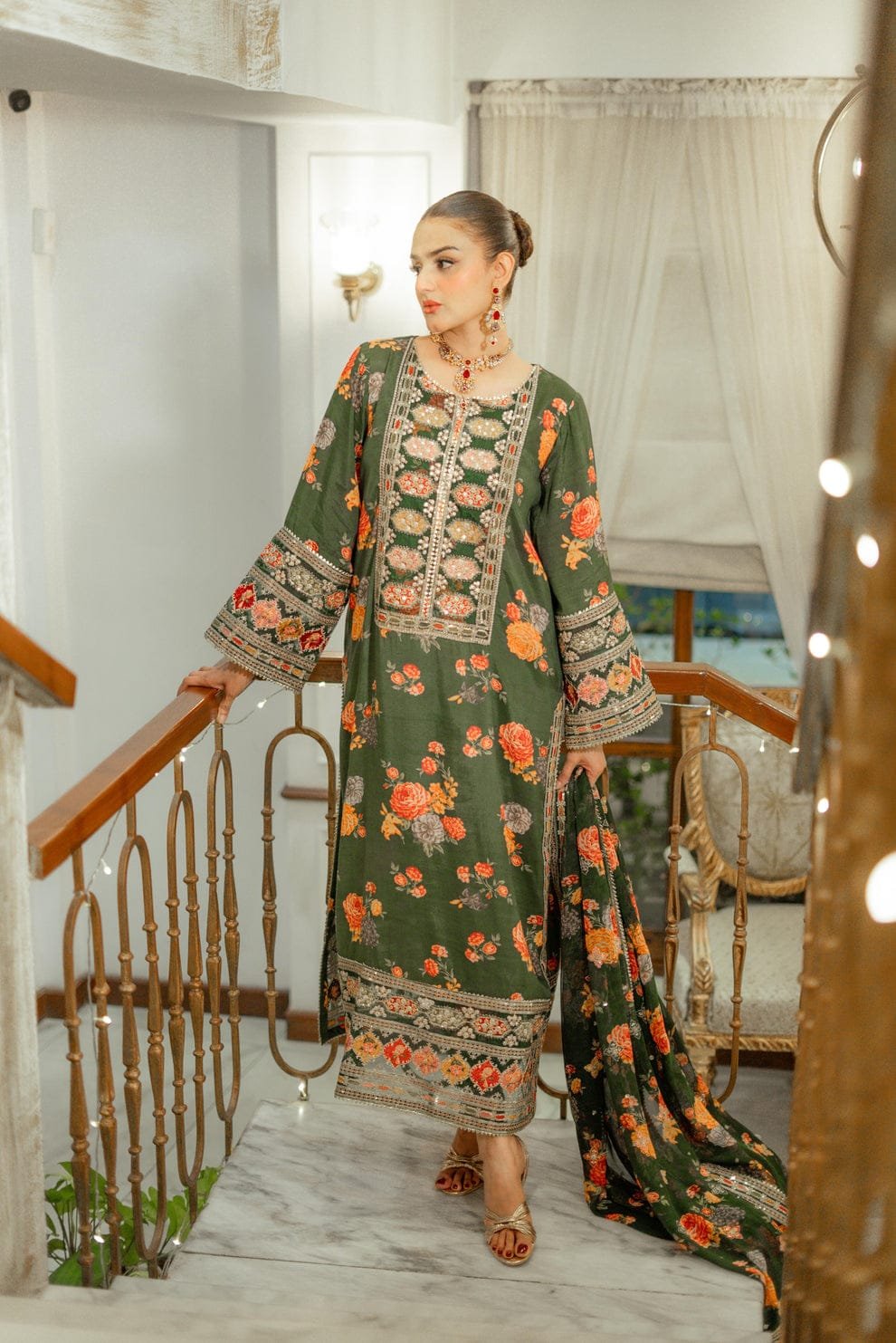 Elegant Summer Printed Embroidery Unstitched Lawn Green Dress
