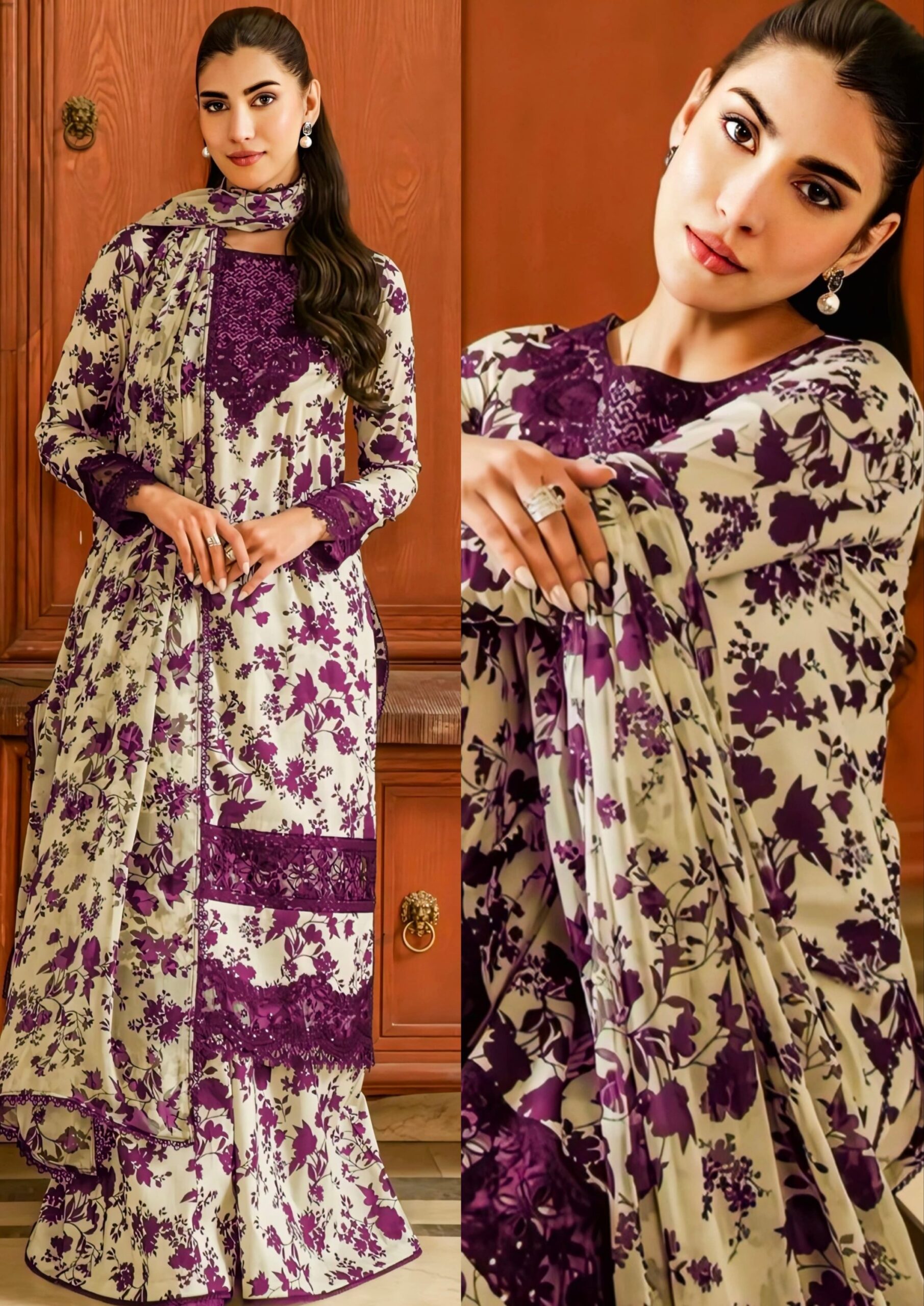 Elegant Summer Printed Embroidery Unstitched Skin Purple Lawn Dress