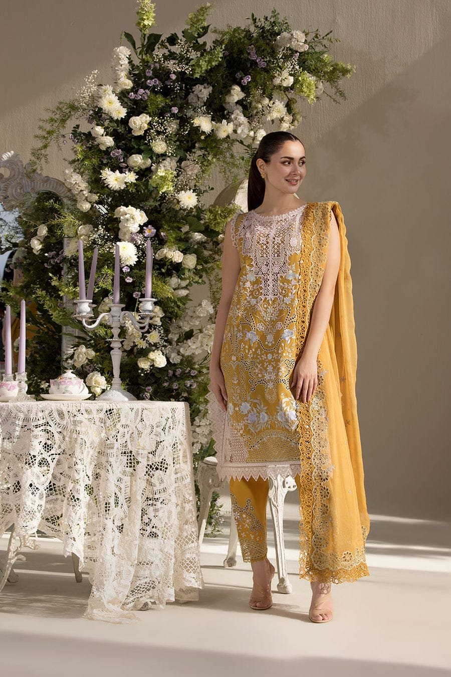 Elegant Summer Luxury Embroidery Unstitched Lawn Yellow Dress