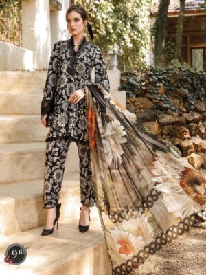 Elegant Summer Printed Embroidery Unstitched Lawn Black Dress