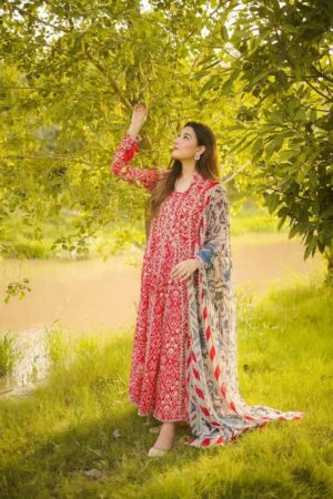 Elegant Summer Printed Embroidery Unstitched Lawn Pink Dress