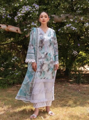 Elegant Summer Printed Embroidery Unstitched Lawn Aqua Dress